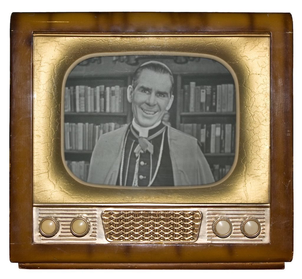 Bishop Sheen on the screen of a period television set