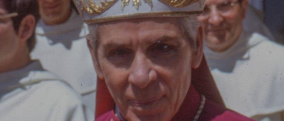 Bishop Sheen in an embroidered mitre