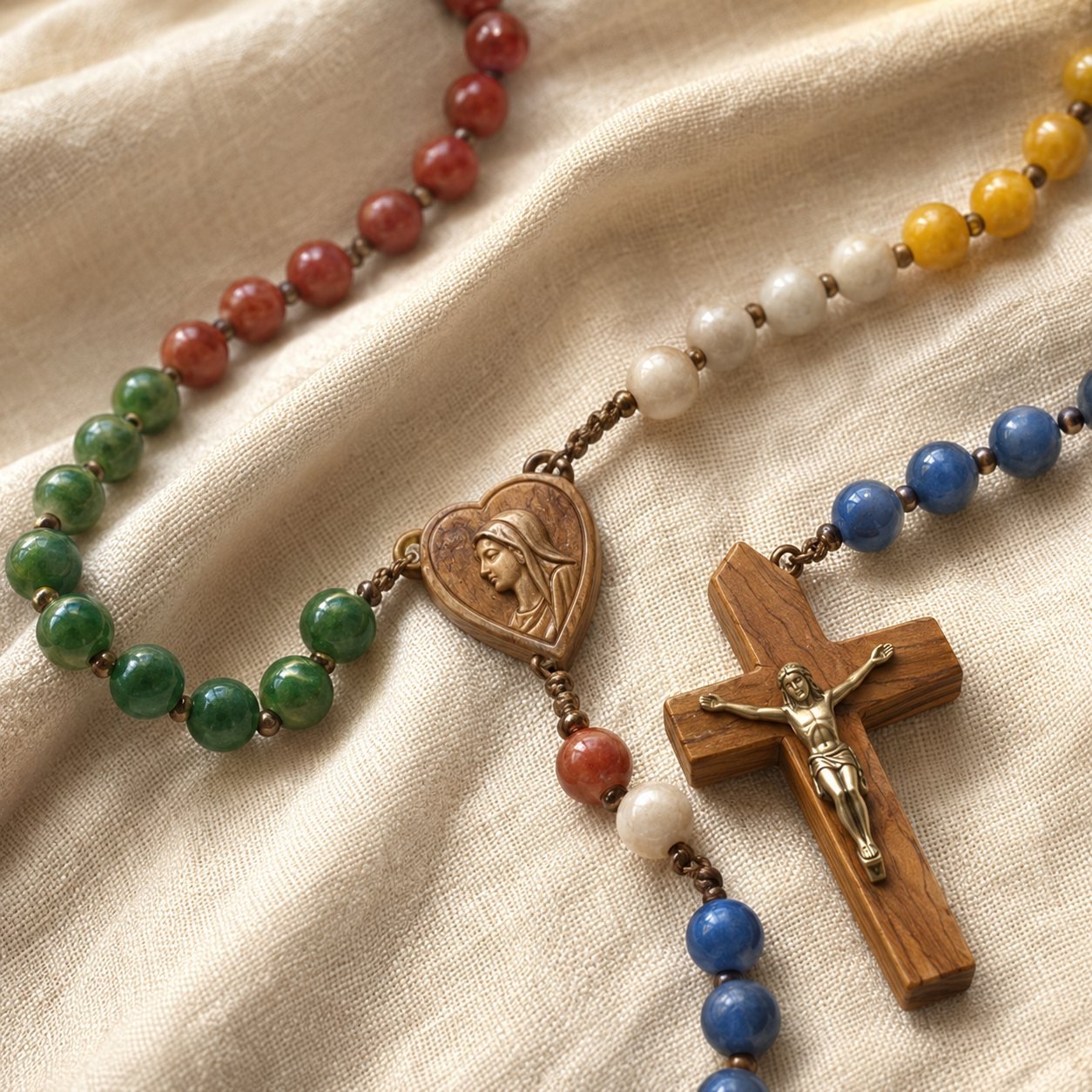 The coloured rosary with a heart medal of Our Lady and an olive-wood crucifix on linen