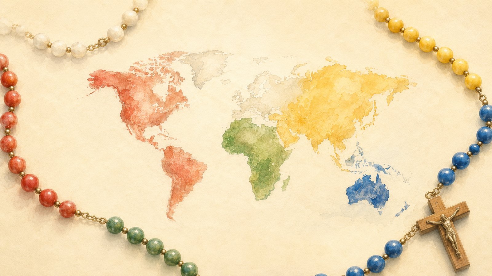 A watercolour world map bordered by the coloured rosary beads and a crucifix