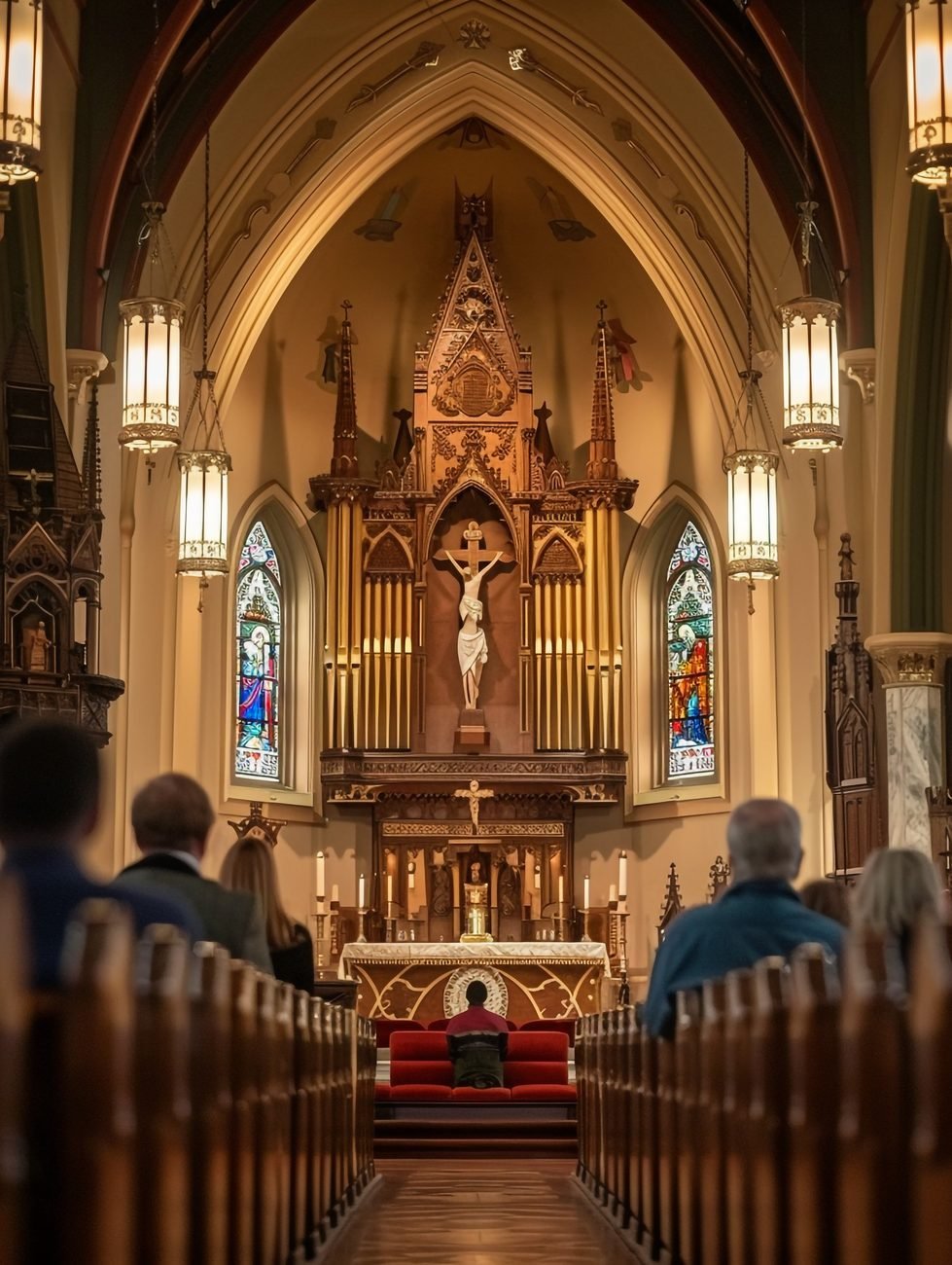 A gothic reredos and crucifix above a lit altar
