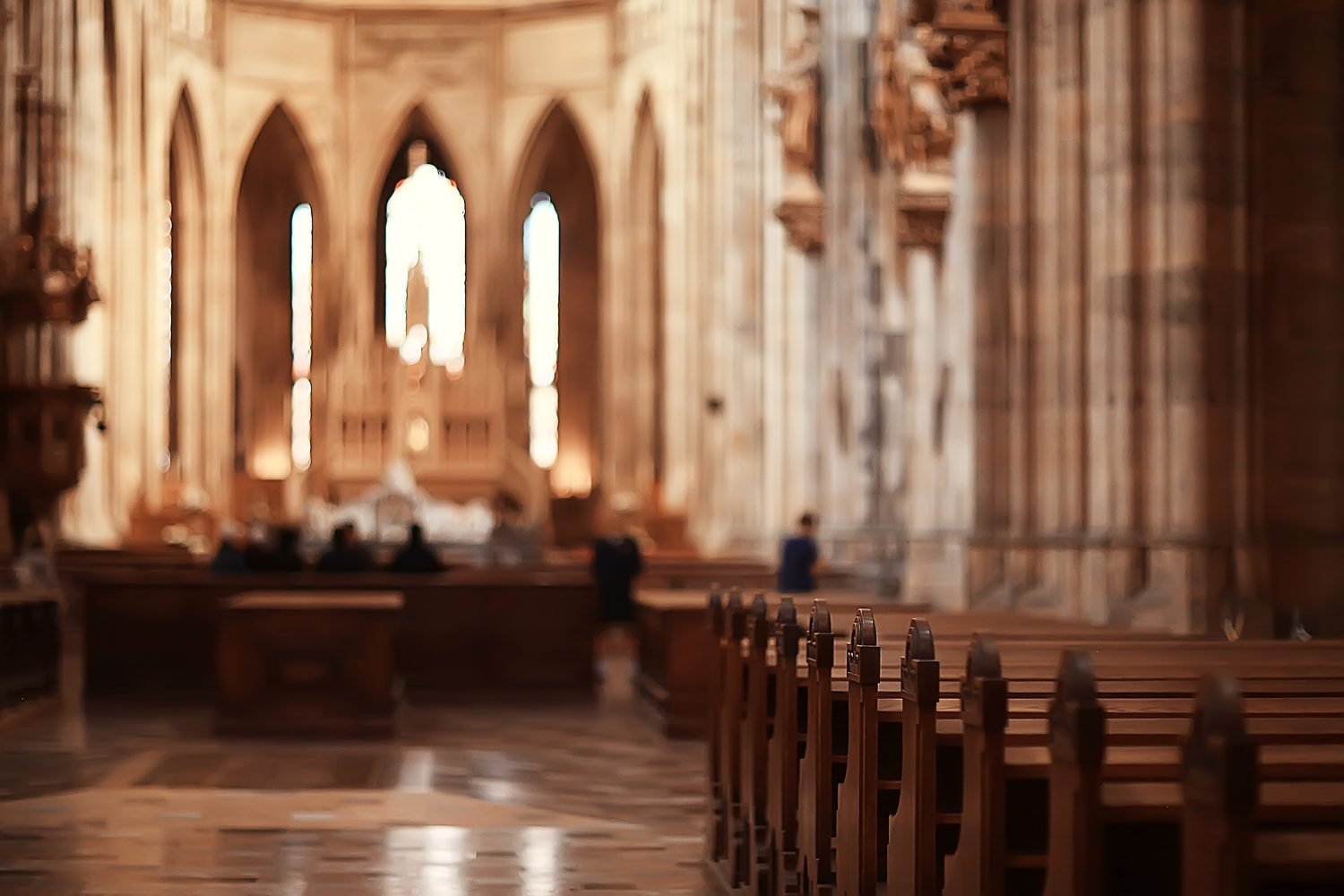 The nave of a cathedral seen from the back, with people at prayer